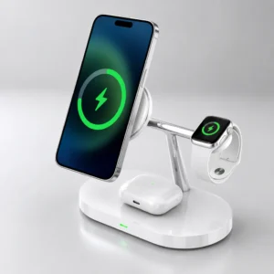 Multifunctional Wireless Charger UAE — 15W Fast Qi Charging Dock for Phone + Smartwatch | LED Indicator | CE FCC Certified | White & Black | Dubai Delivery
